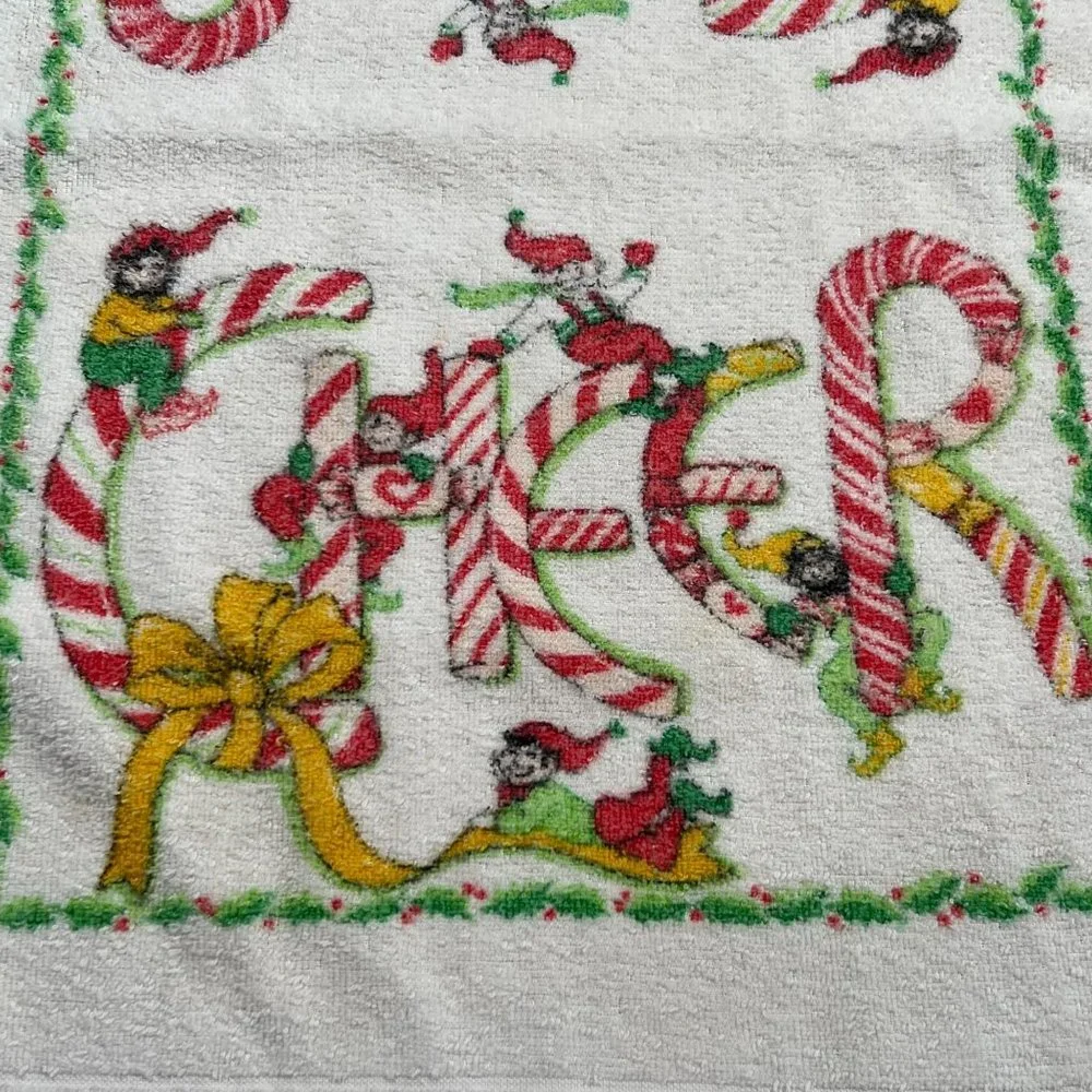 Cannon Christmas Towel 15 x 24 Candy Cane Cheer Elves‎ and Holly Vintage